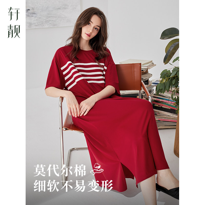 轩靓睡裙女夏季薄款莫代尔棉短袖长裙红色新婚结婚睡衣家居服晨袍