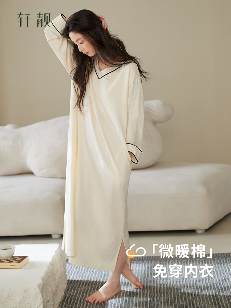 宣亮【带胸垫】女式春秋纯棉长袖睡衣2025新款大码家装连衣裙