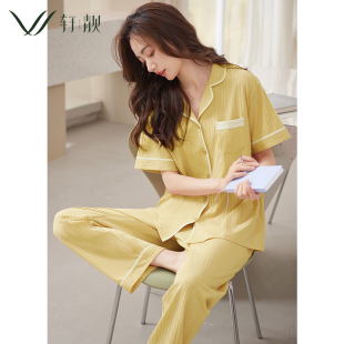 开衫 长裤 夏天休闲大码 家居服两件套装 薄款 轩靓睡衣女夏季 纯棉短袖
