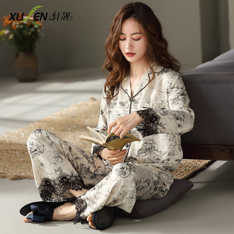 冰丝睡衣女春秋薄款宽松大码加肥蕾丝花边中年仿真丝绸家居服套装