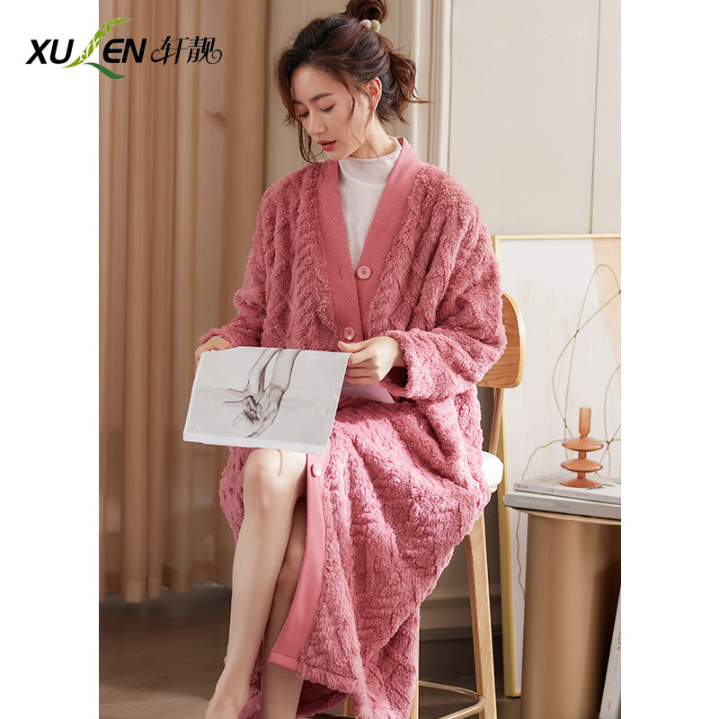 睡袍女冬季长款加绒加厚珊瑚绒保暖性感浴袍家居服法兰绒长裙冬天