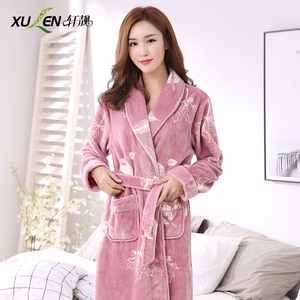 轩靓秋冬季睡袍女冬天加厚加长款珊瑚绒女士睡衣加大码法兰绒浴袍