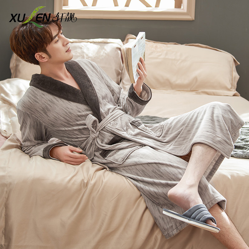 法兰绒睡袍男士冬季薄款长袖浴袍珊瑚绒大码连体春秋加厚保暖睡衣