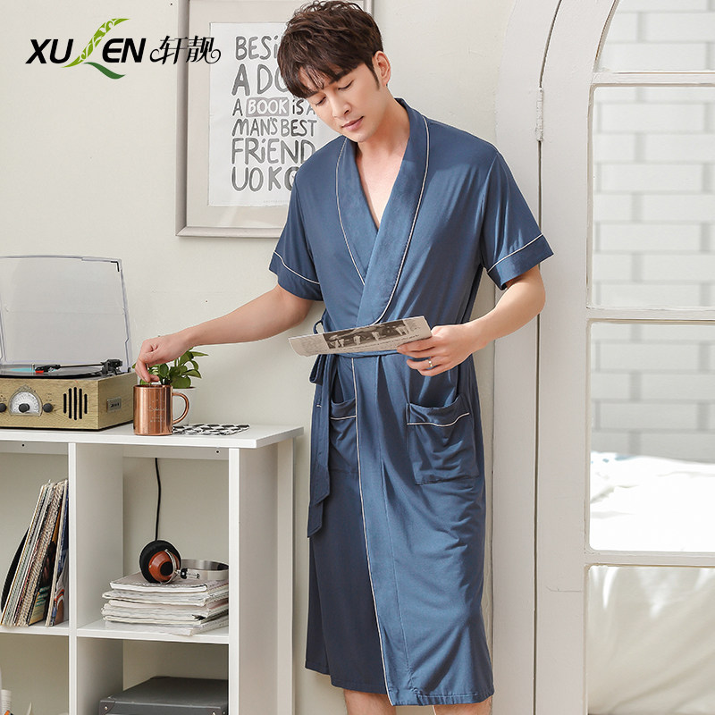 睡袍男夏季莫代尔短袖薄款日式中长款和服男士加大码浴袍夏天睡衣