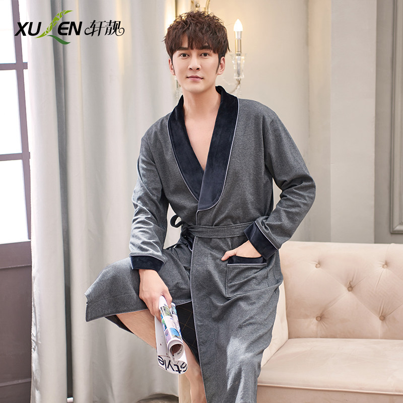 睡袍男士春秋季纯棉长袖长款浴袍全棉秋冬薄款连体睡衣男式家居服