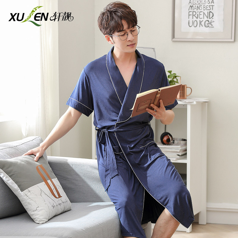 睡袍男士夏季薄款长款浴袍大码莫代尔连体睡衣男款日式浴衣家居服