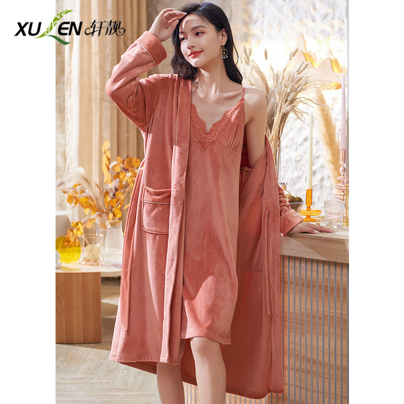 2022年新款睡衣女秋冬季海岛绒吊带睡裙珊瑚绒睡袍家居服两件套装