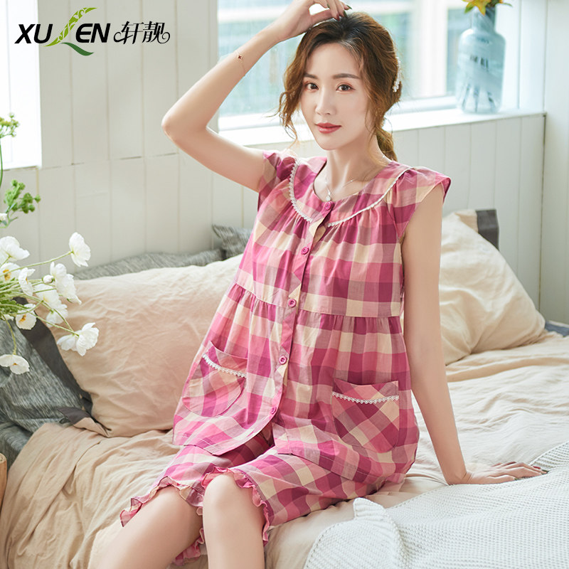 睡衣女夏季梭织纯棉薄款短袖七分裤套装女式棉纱布家居服坎肩套装