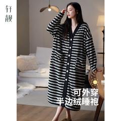 轩靓半边绒睡袍女冬季加绒加厚保暖珊瑚绒睡衣高级感条纹大码浴袍