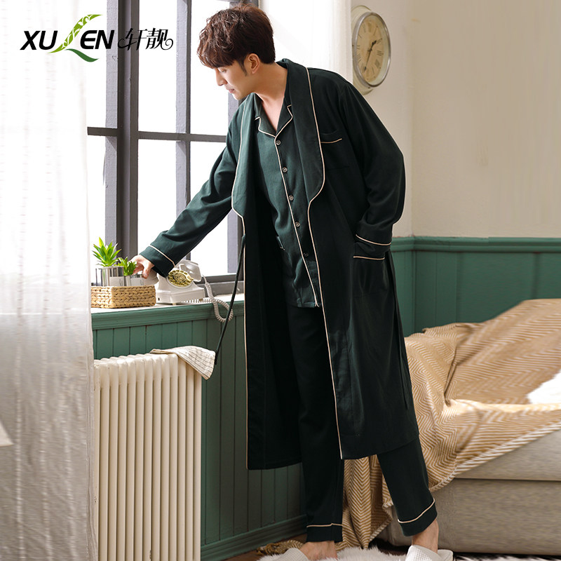 睡袍男春秋季纯棉长袖宽松大码浴袍长款男士睡衣夏家居服三件套装