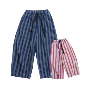 2025秋冬日式复古风竖条纹阔腿裤女宽松休闲长裤松紧腰时尚慵懒风