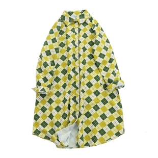 2025秋冬款全棉清新黄绿格子灯芯绒美式复古港风衬衫女宽松长款