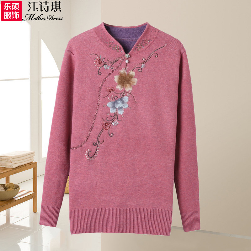 新款中老年秋冬装加绒加厚毛衣女士旗袍领上衣妈妈冬季针织打底衫