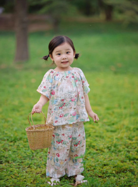 17th second儿童睡衣夏季竹纤维宝宝短袖长裤家居服女童套装A类