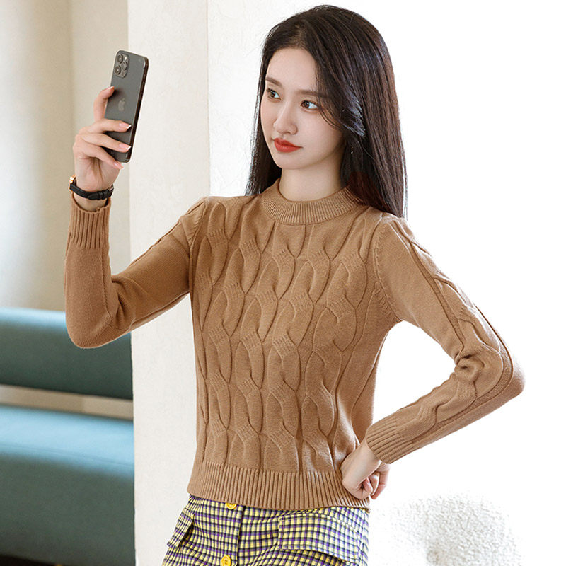 复古麻花短款毛衣女长袖保暖套头打底衫2026年秋冬季加厚针织上衣