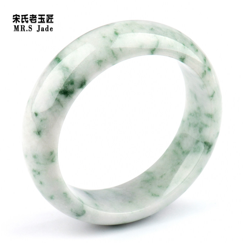 s jade/宋氏老玉匠正品宽版厚装翡翠玉镯浅绿飘花镯子天然a货