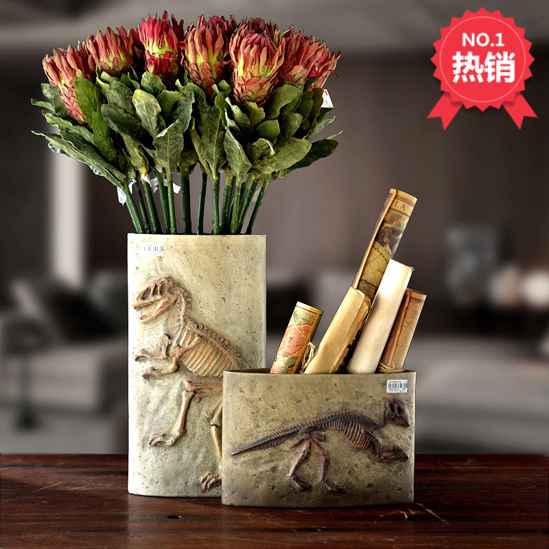 欧式复古花插摆件 恐龙化石装饰创意办公室书架笔筒特色宽口花瓶