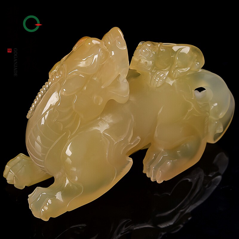st3298玉版纳珠宝 黄龙玉貔貅摆件玉石母子情深摆件