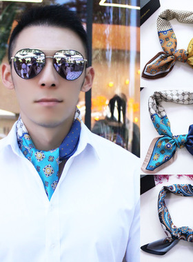 新款春秋冬男士真丝丝巾70方巾腰果花百搭双面异彩丝绸围巾高档