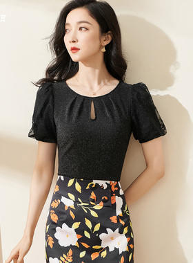 米思阳2025春季新款时尚气质黑色女式短袖T恤细闪泡泡袖上衣0962