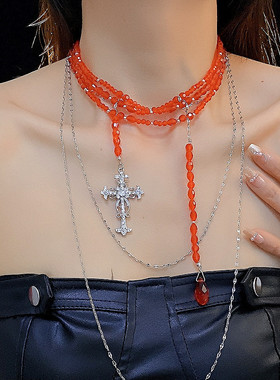 红色水晶多层十字架吊坠项链甜酷