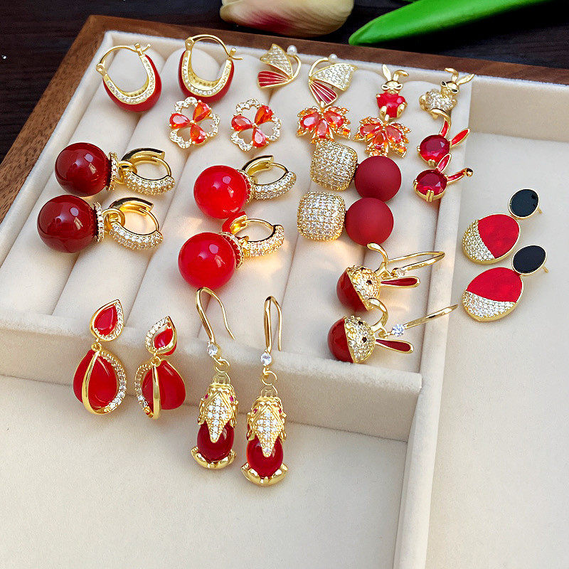 复古时尚安可拉红色微镶锆石滴油耳扣高级感甜美清新气质百搭耳环,饰品/流行首饰/时尚饰品新,耳环,淘宝优惠券,粉丝福利购,淘宝优惠卷