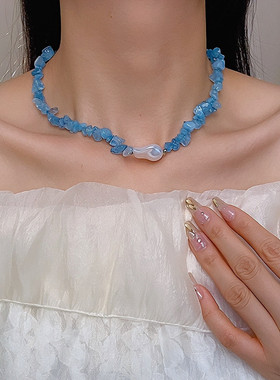 蓝色手工串珠项链小众锁骨链夏日