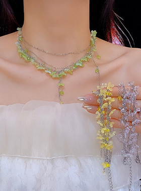 潮流精致粉色串珠叠戴流苏项链女