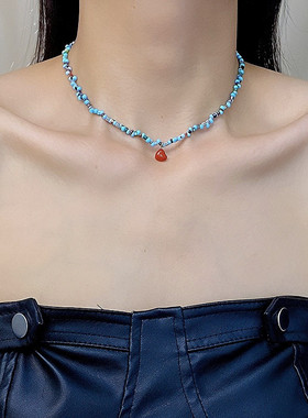 韩版夏日蓝色串珠项链新款红心小