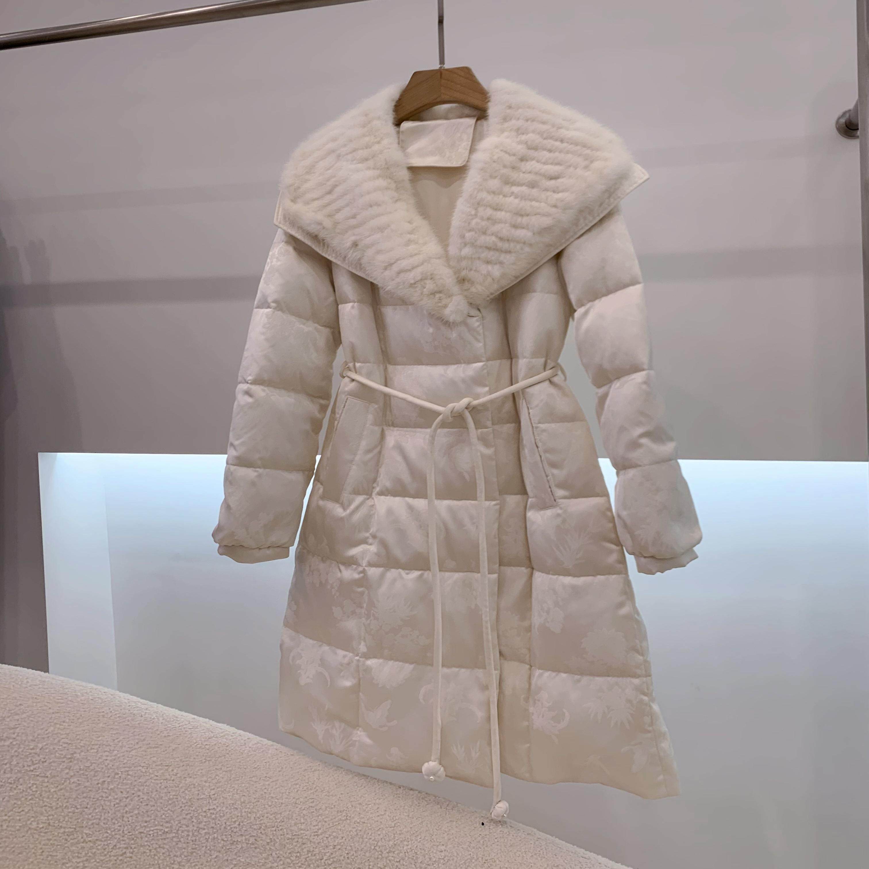 《实拍》水貂编织领鹅绒羽绒服90%白鹅绒中长款外套