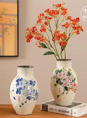 中式手绘陶瓷花瓶水养鲜花干花家居装饰摆件客厅书房插花瓶工艺品