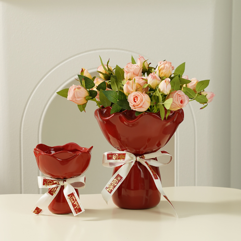喜庆中国红新中式陶瓷花瓶玫瑰花束家居结婚过年装饰摆件