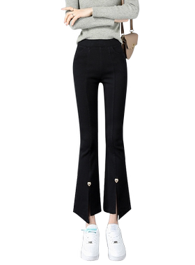 松紧腰开叉九分高腰微喇小黑裤女