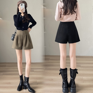 咖色褶皱宽松毛呢短裤高腰显瘦百搭后拉链阔腿裤时髦a字3分休闲裤