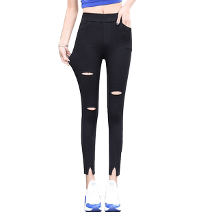 八分裤女小个子松紧腰显瘦夏季薄款破洞小黑裤高腰小个子150cm145