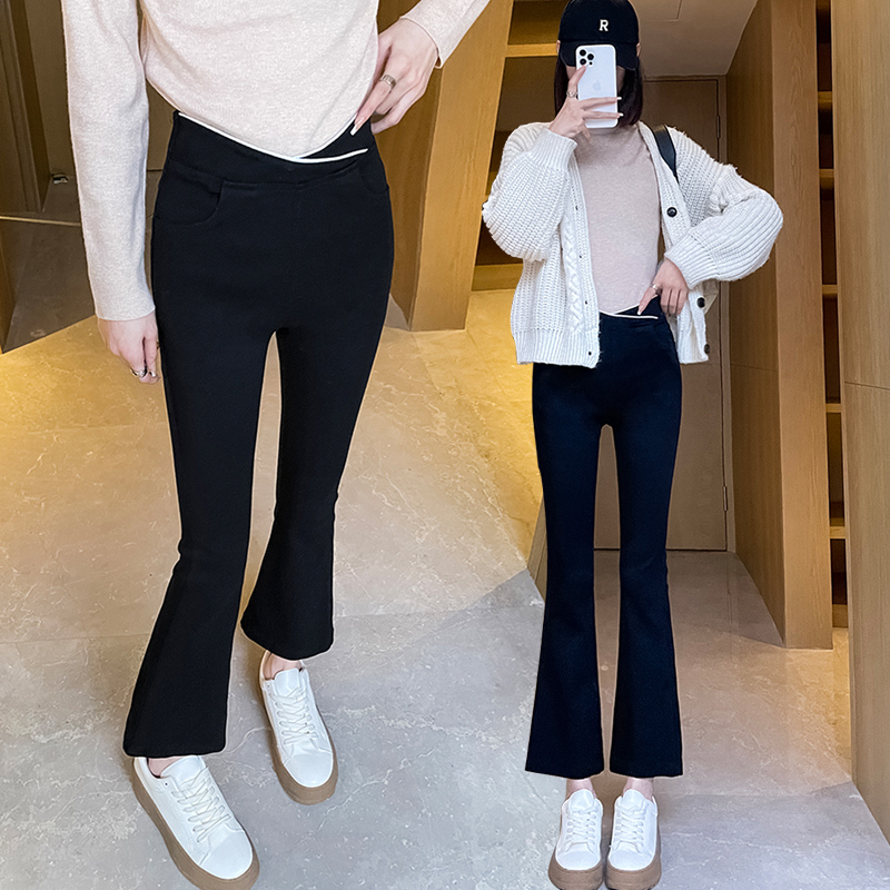 高腰九分交叉腰微喇叭小黑裤女