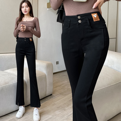 高腰弹力八九分显高开叉喇叭裤女