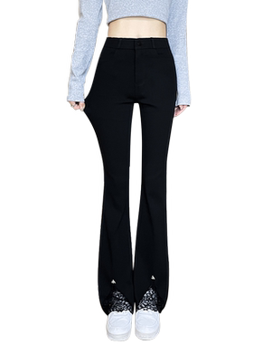 高腰蕾丝拼接嗽叭裤女长裤九分
