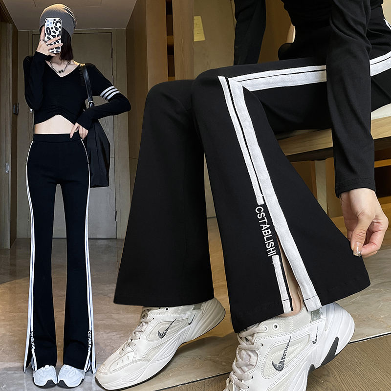 松紧腰九分微喇叭开叉小黑裤女