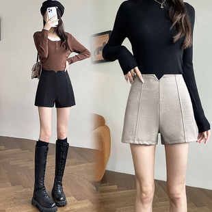 黑色呢子高腰短裤后拉链宽松显瘦A字开叉腰休闲裤韩版百搭3分女裤