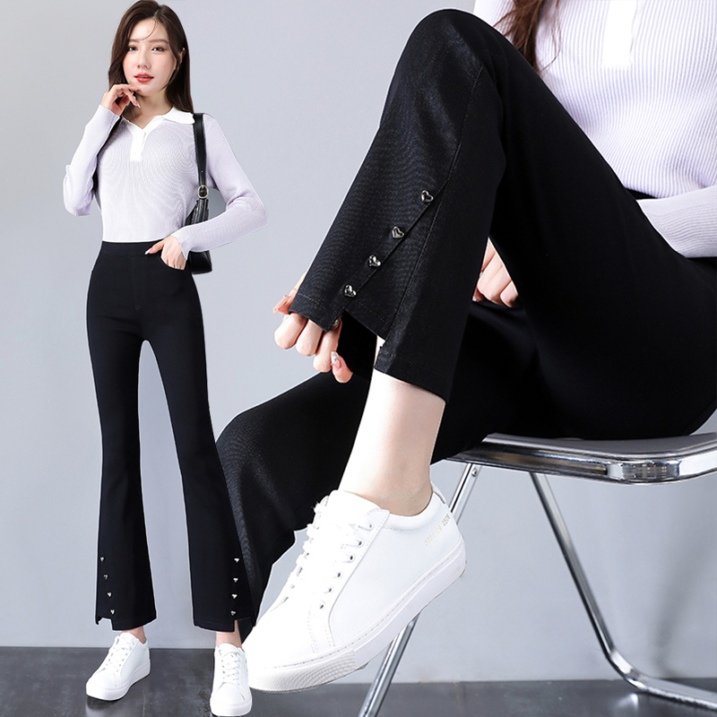 高腰弹力八九分直筒微辣喇裤子女