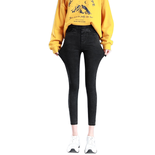 烟灰色打底裤女薄绒一体女裤仿牛仔弹力裤加绒小个子八分裤秋冬款