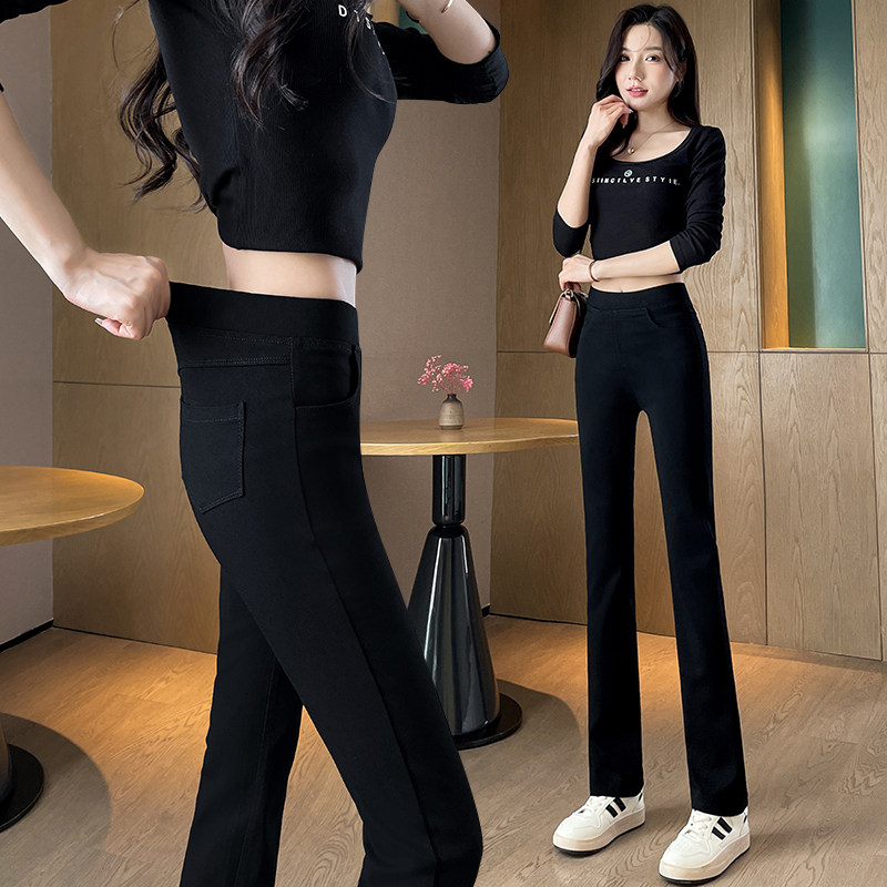 窄版垂直八九分烟管休闲裤松紧腰