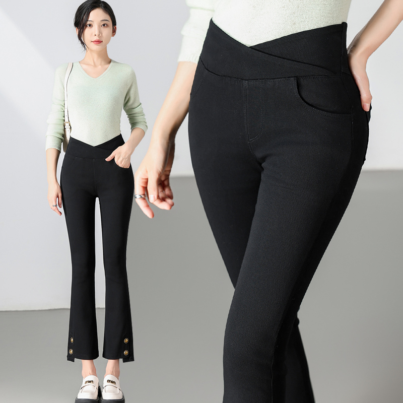 高腰弹力八九分直筒微喇小黑裤女