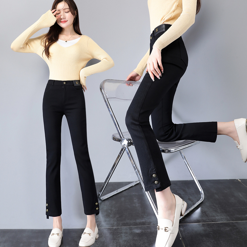 高腰八九分弹力直筒烟管小黑裤女