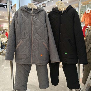 妮可雅男士睡衣薄夹棉秋冬季新款加厚珊瑚绒羽绒布连帽家居服套装