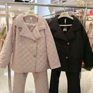 妮可雅珊瑚绒睡衣女三层薄夹棉秋冬季保暖高档羽绒布家居服套装