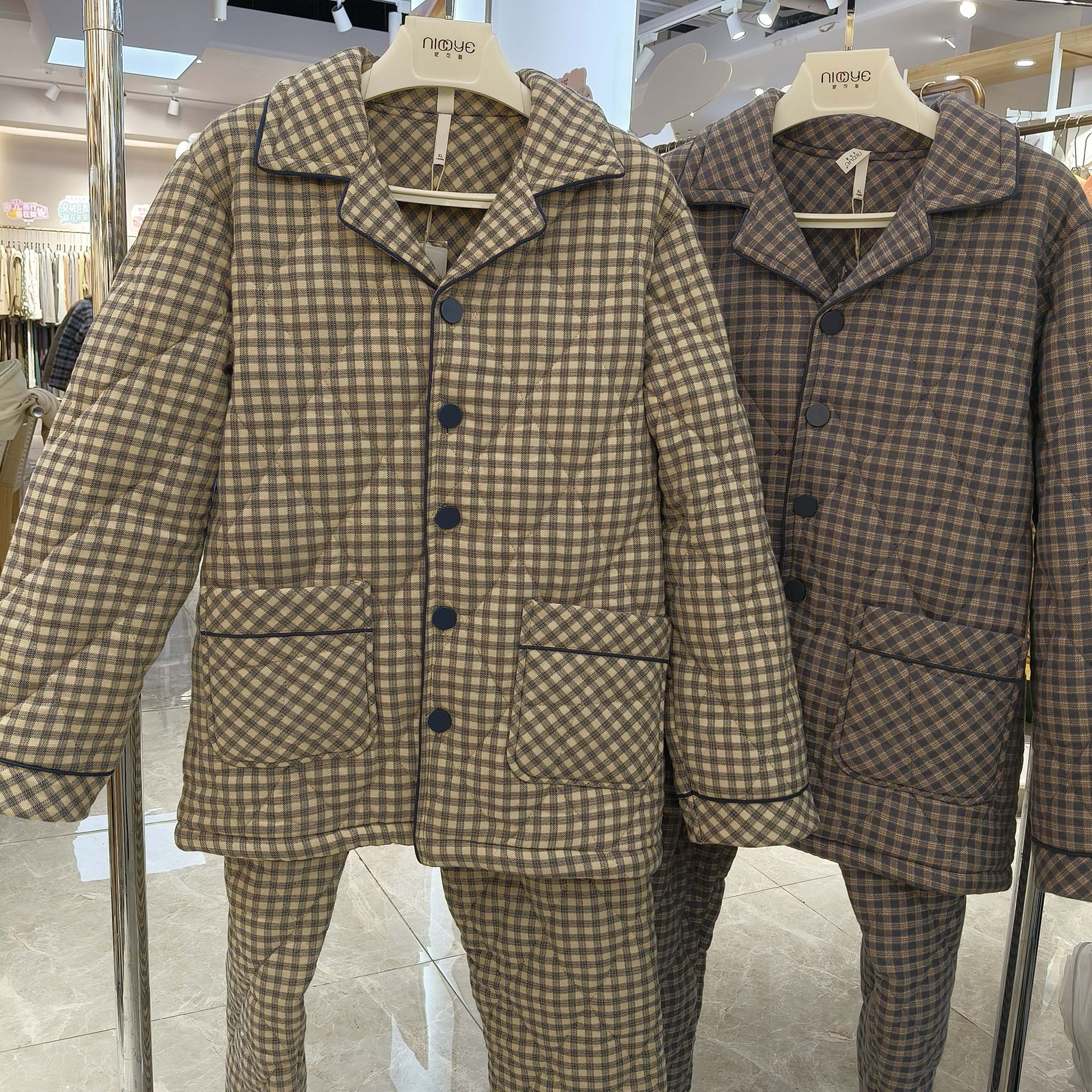 妮可雅纯棉夹棉睡衣男士三层2025冬季加厚珊瑚绒格子家居服套装