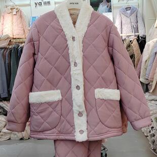 精雅珊瑚绒三层夹棉加厚女睡衣2025冬季新款小香风甜美家居服套装