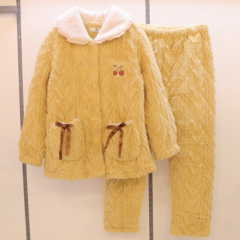 佰伦世家棉睡衣女冬季款三层夹棉加厚超厚韩版甜美绒绒家居服套装